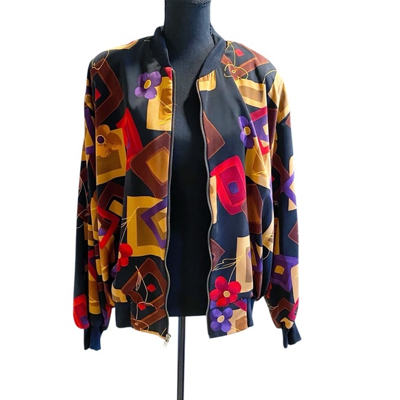 Vintage Colorful Geometric and Floral Bomber Jacket Size Large - Picture 1 of 6